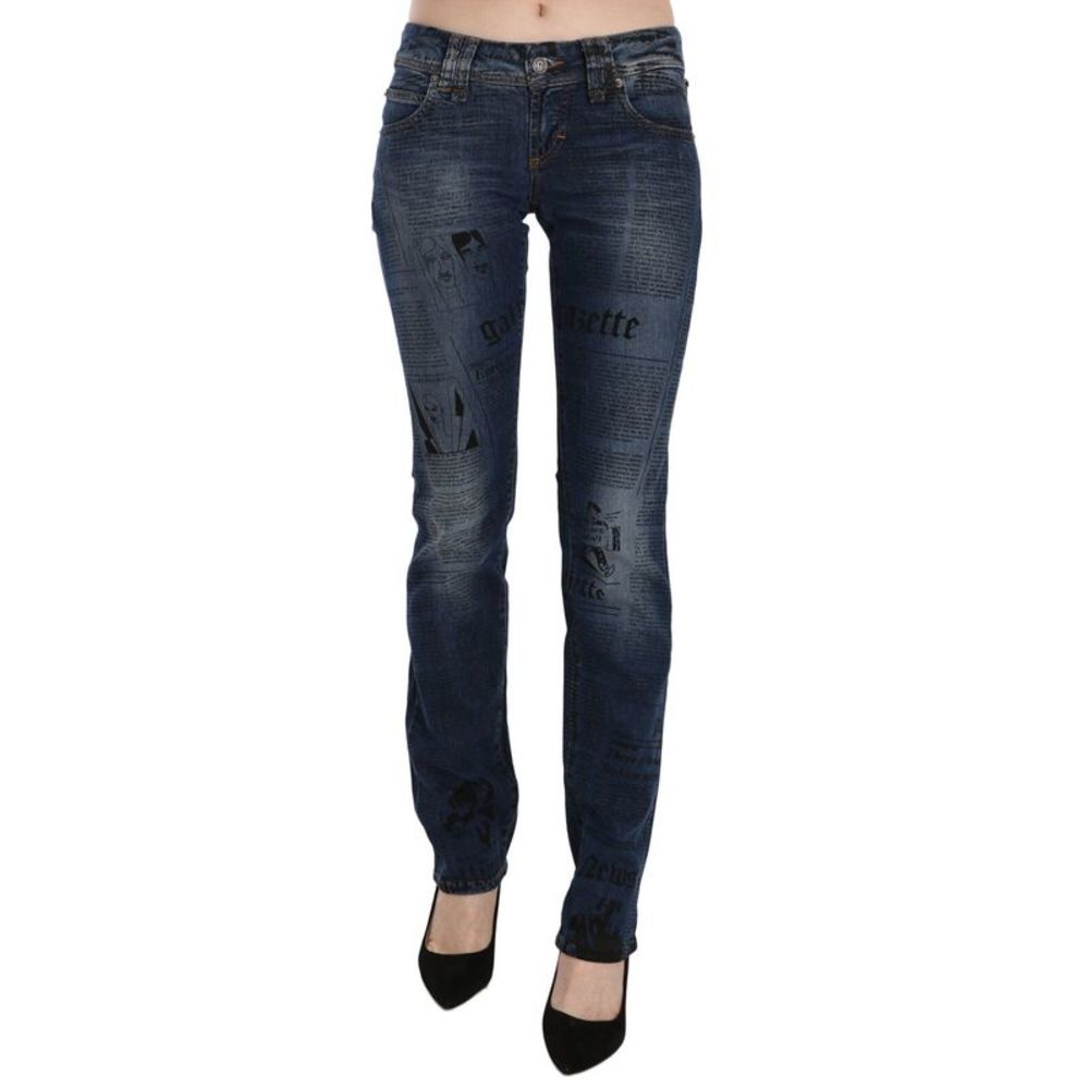 John Galliano Blue Newspaper Print Low Waist Skinny Denim Women's Pants